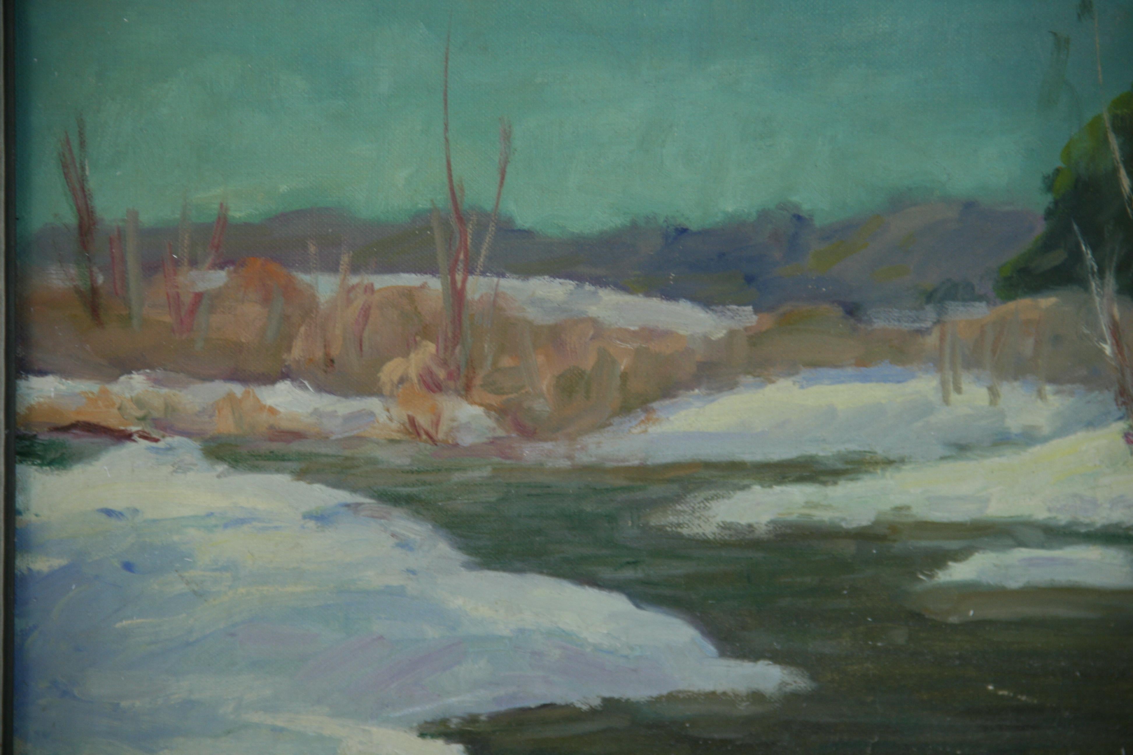 Peinture à l'huile impressionniste vintage, scène d'hiver, paysage sur l'étang en vente 1