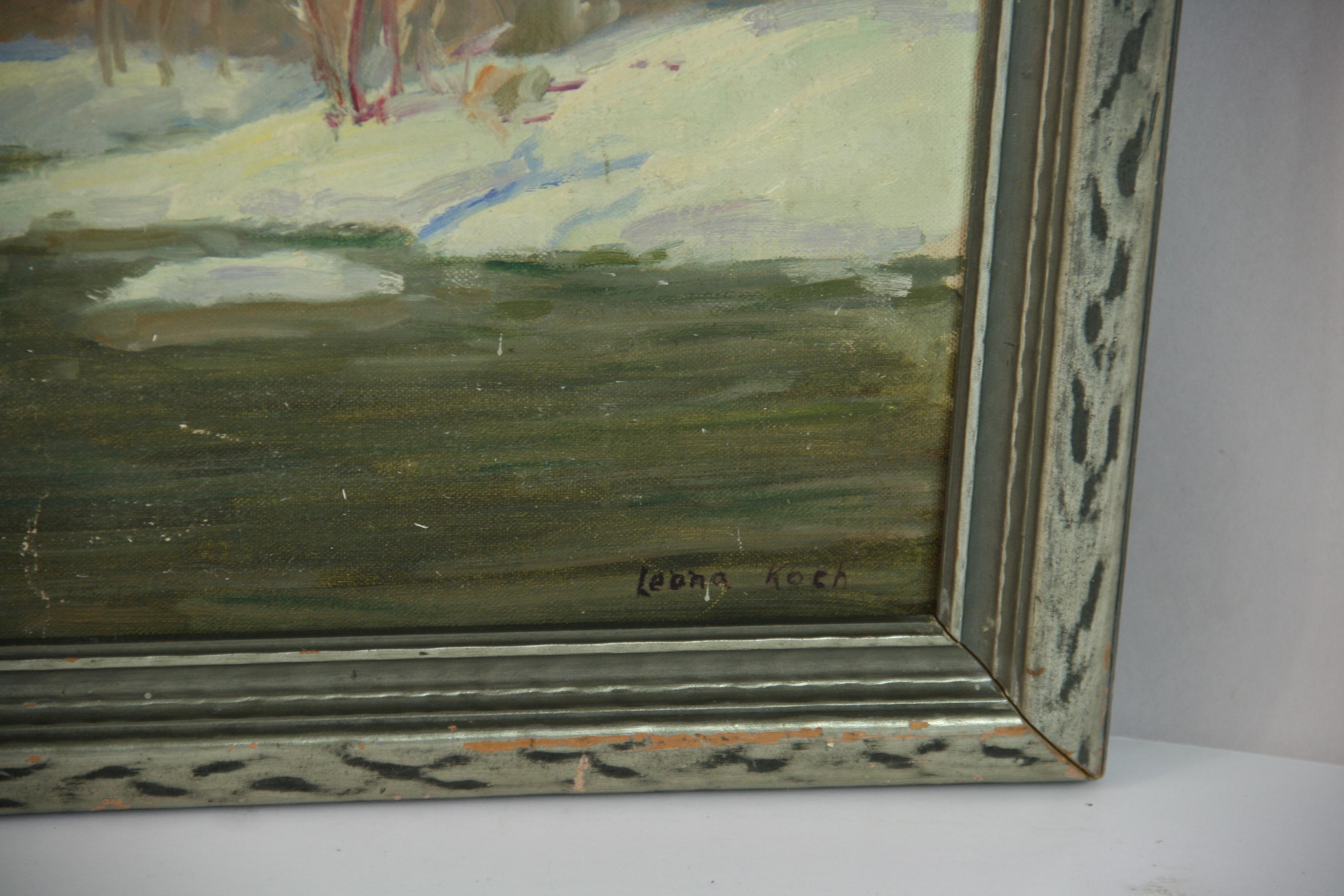 Peinture à l'huile impressionniste vintage, scène d'hiver, paysage sur l'étang en vente 2