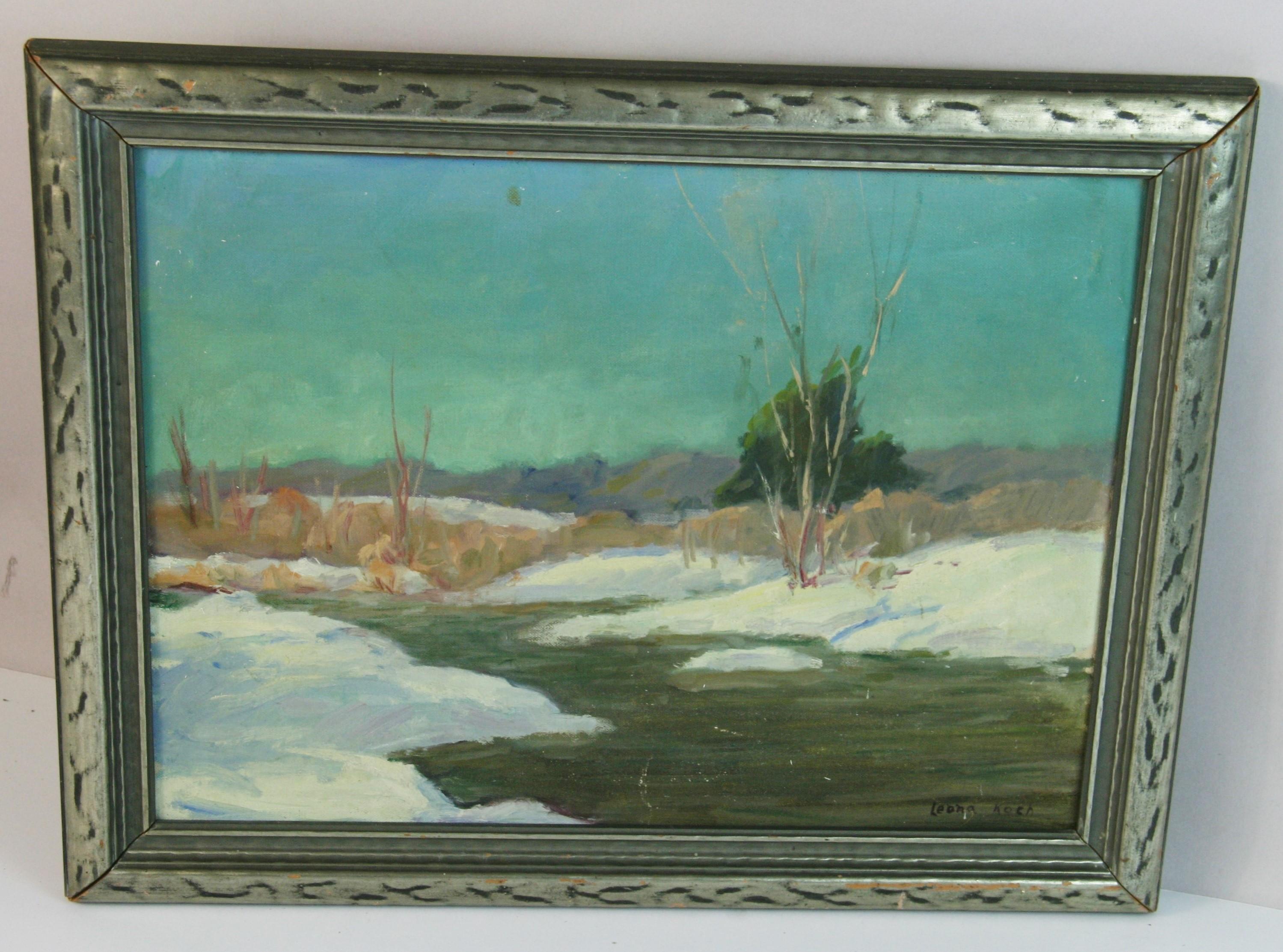 Impressionistisches Ölgemälde im Vintage-Stil, Winterszene, Landschaft auf dem Teich, Vintage