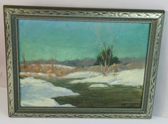 Vintage Impressionist oil Painting Winter scene Landscape on the Pond