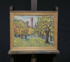 Impressionist Parkland Scene signed Oil Painting, Castle in Park