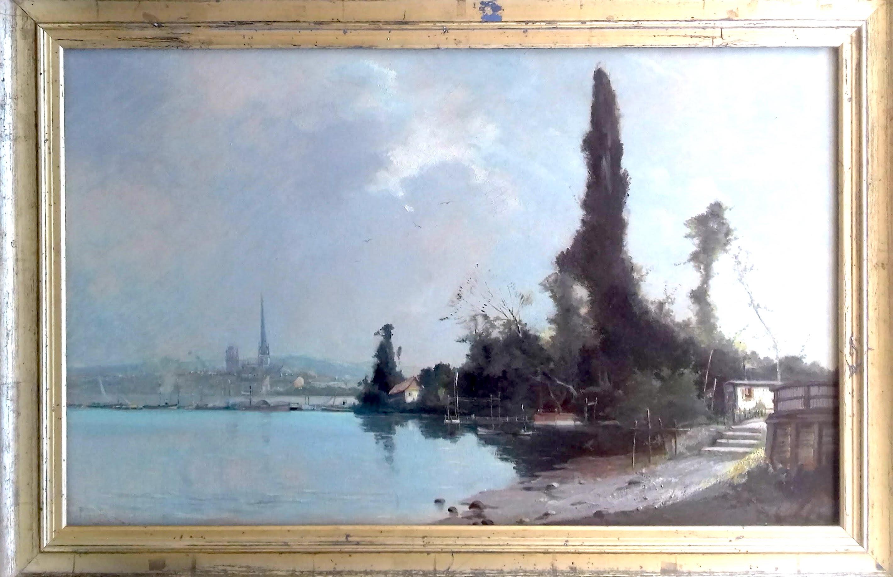 Impressionist river landscape Rouen the Seine Normandy France 19th Century - Gray Landscape Painting by Unknown