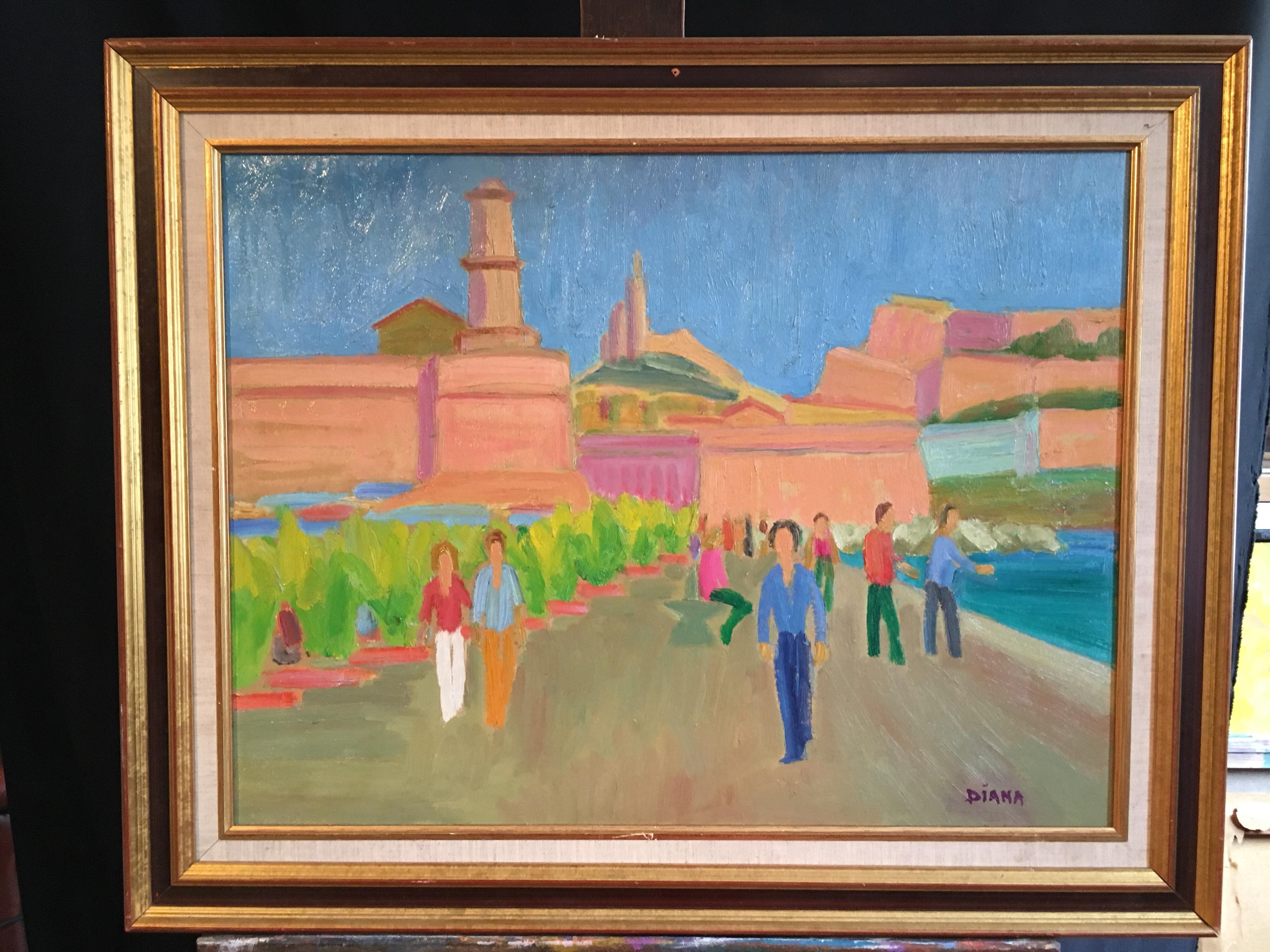 Impressionist Scene of a Cityscape, Signed Oil Painting - Brown Landscape Painting by Unknown
