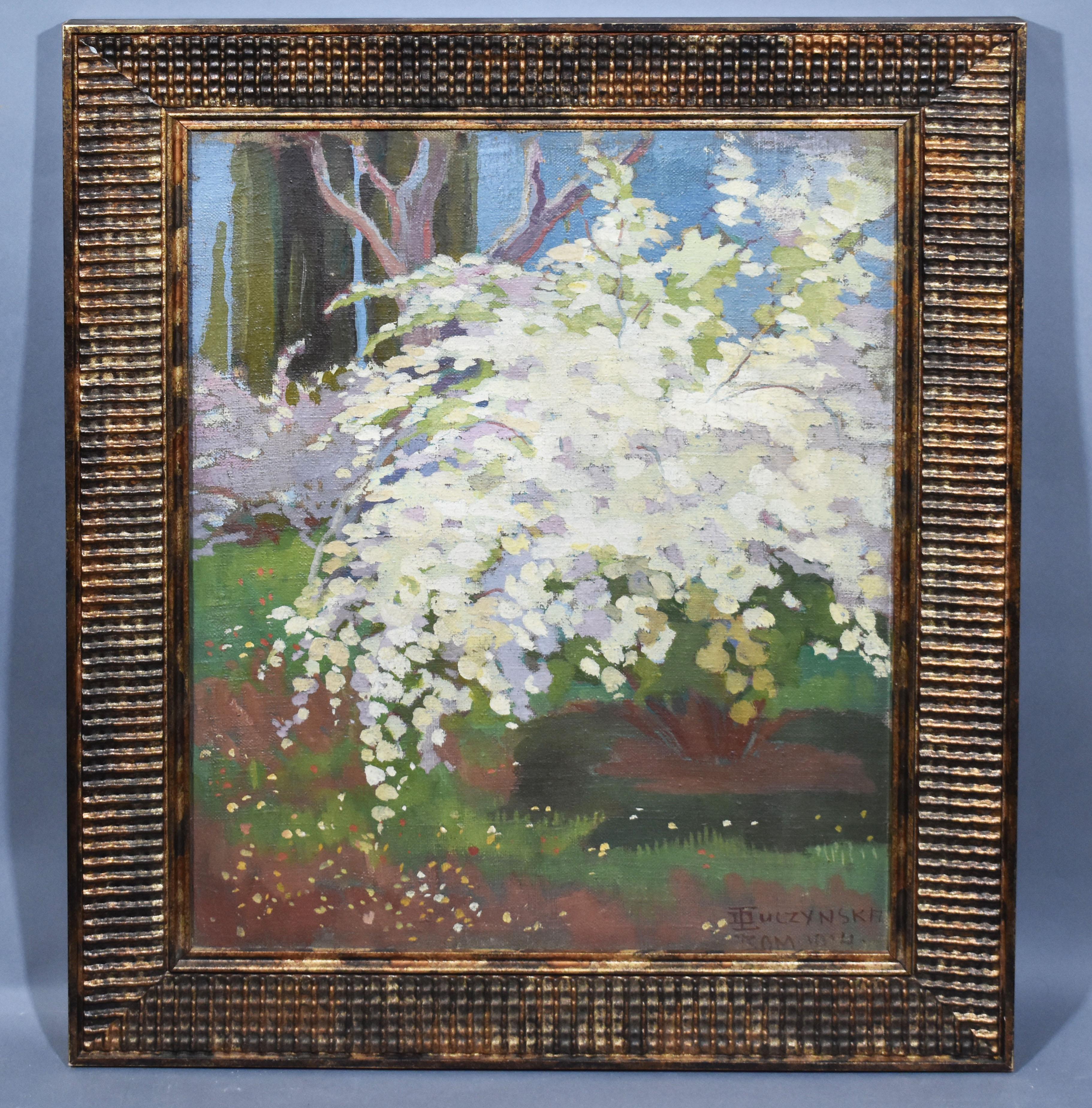 Antikes Ölgemälde, impressionistische Landschaft mit Kirschblütenbaum, signiert – Painting von Unknown
