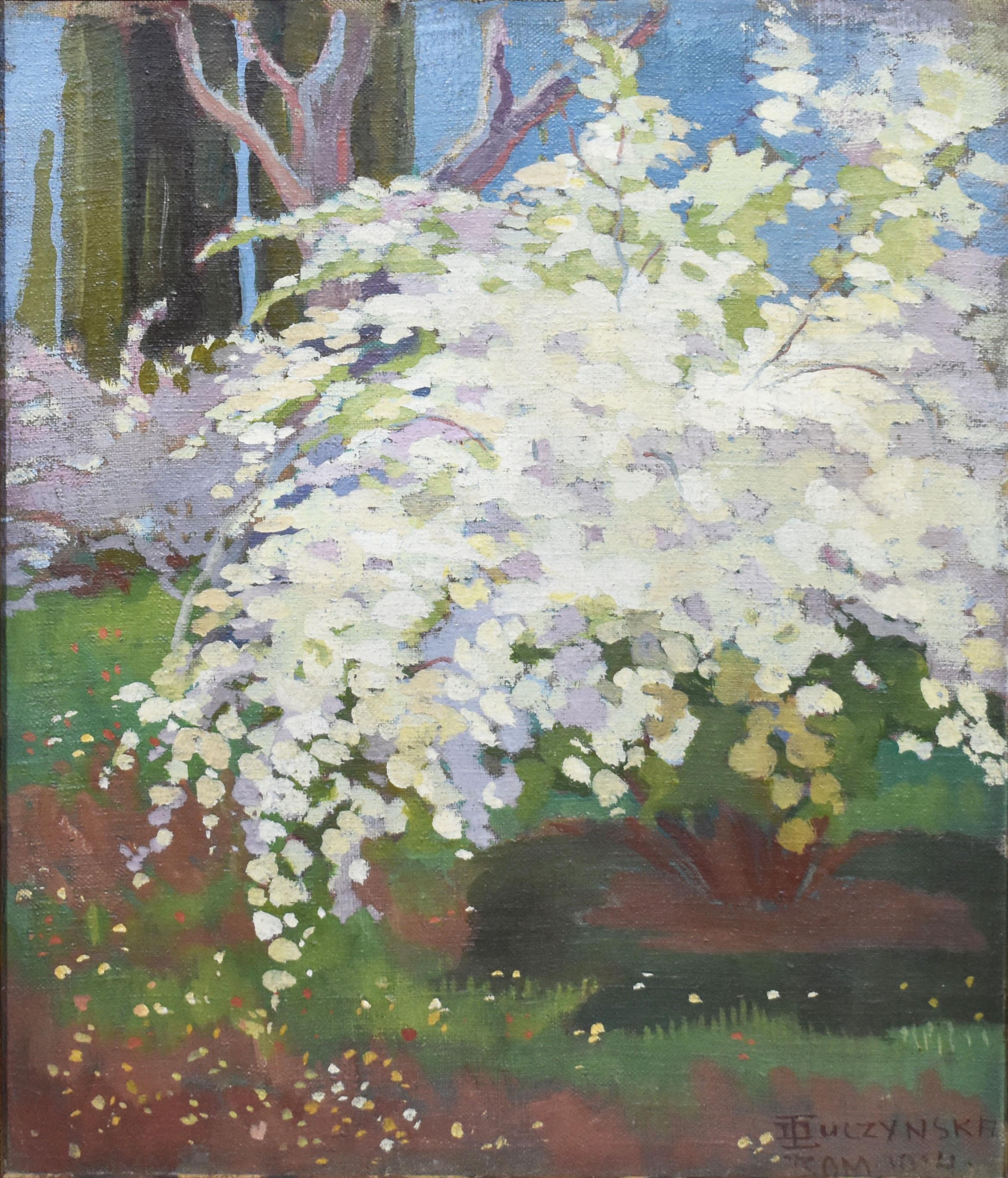 Antikes Ölgemälde, impressionistische Landschaft mit Kirschblütenbaum, signiert (Impressionismus), Painting, von Unknown