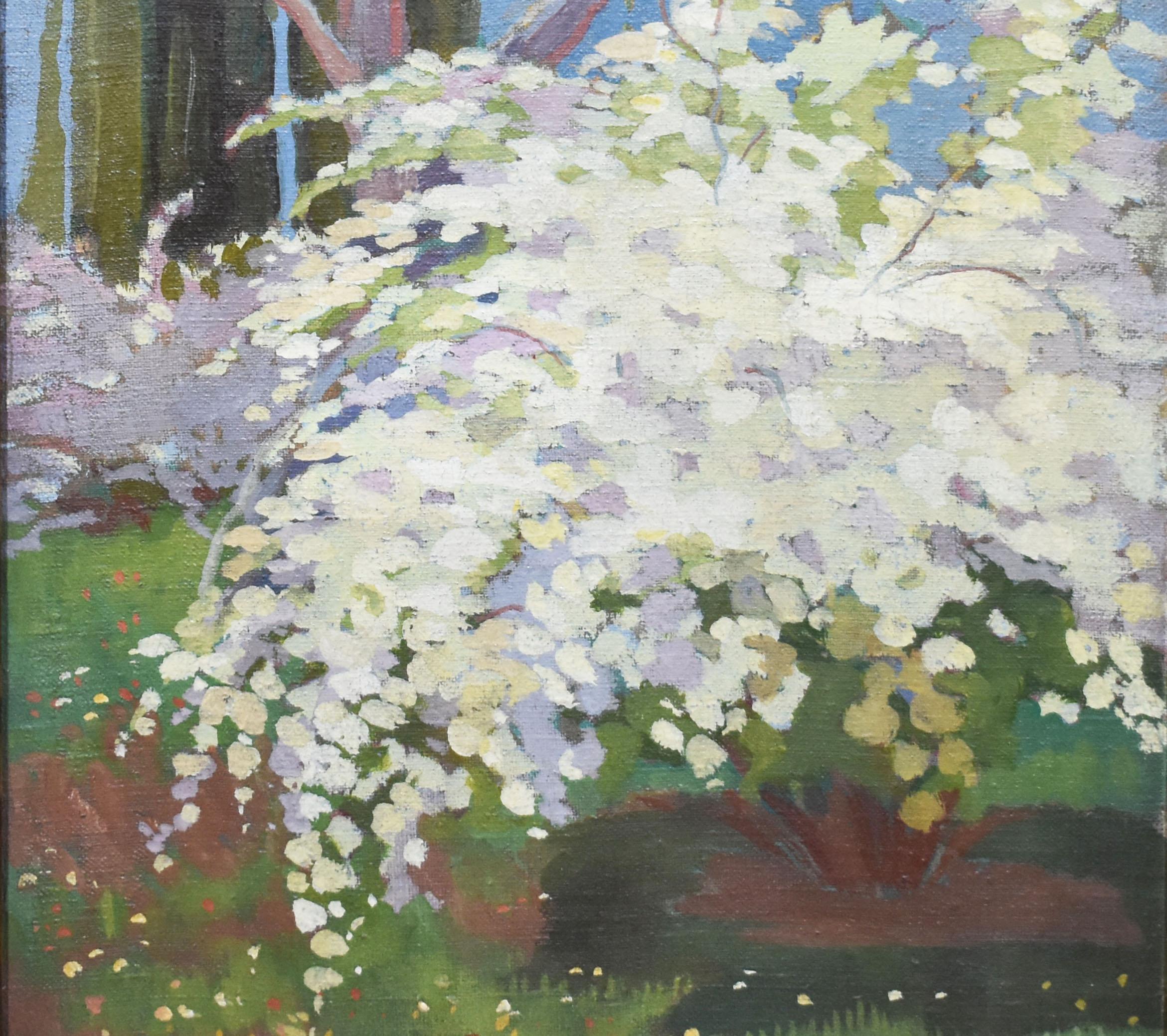 Antikes Ölgemälde, impressionistische Landschaft mit Kirschblütenbaum, signiert (Grau), Landscape Painting, von Unknown