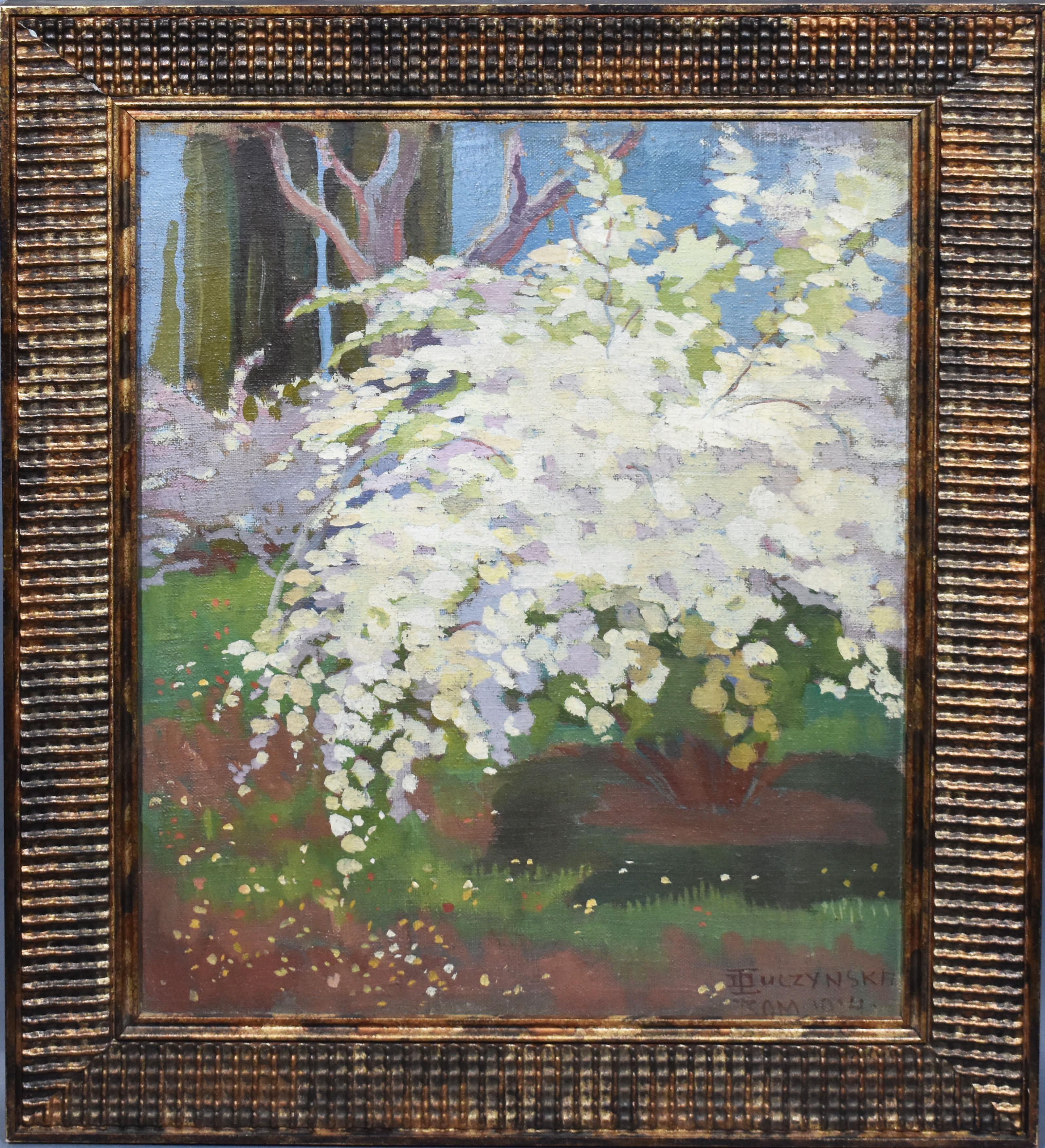 Unknown Landscape Painting - Impressionist Signed Landscape with Cherry Blossom Tree Antique Oil Painting