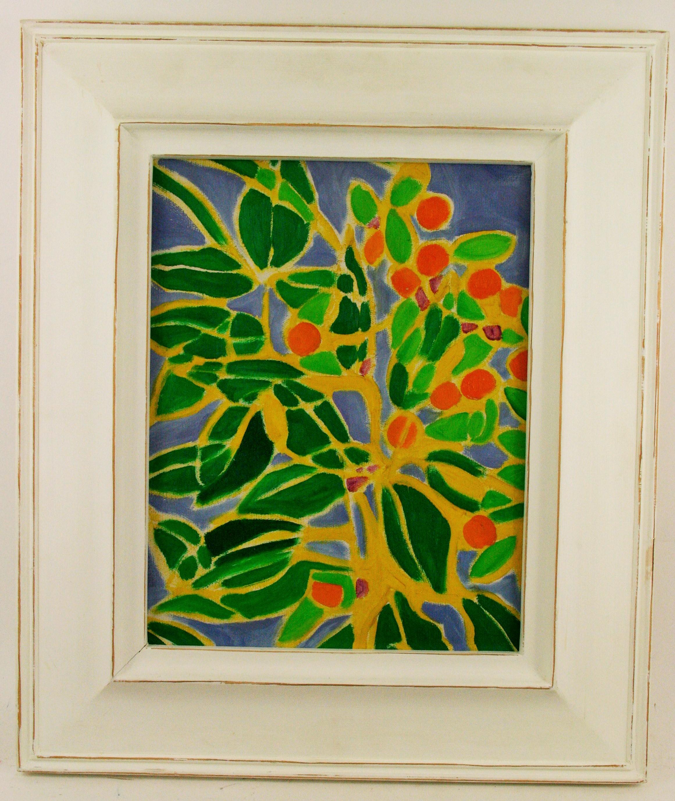 5-2566 Impressionistic style acrylic painting of a colorful stain glass  flowers.Set in a painted wood frame.Artist unknown