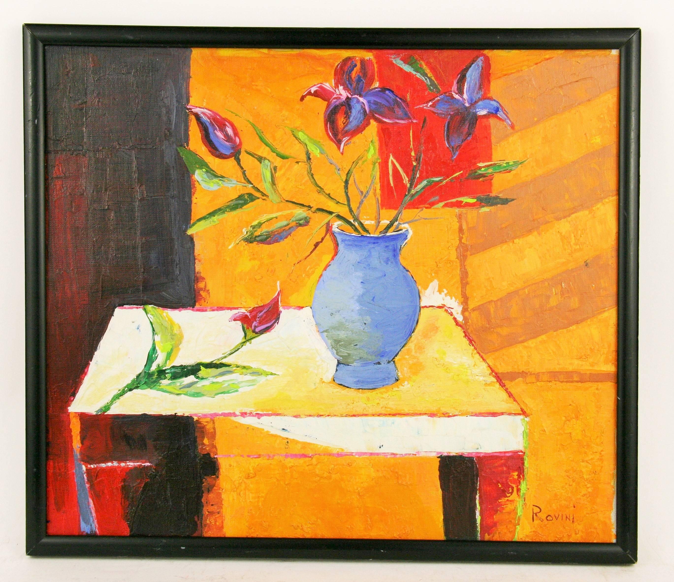 Unknown Still-Life Painting - Impressionist Still Life of Flowers in Blue Vase, Signed Rovini
