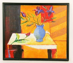 Impressionist Still Life of Flowers in Blue Vase, Signed Rovini