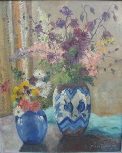 Impressionist: Still Life Vases of Flowers by a Window oil circa 1930's