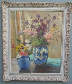 Impressionist: Still Life Vases of Flowers by a Window oil circa 1930's