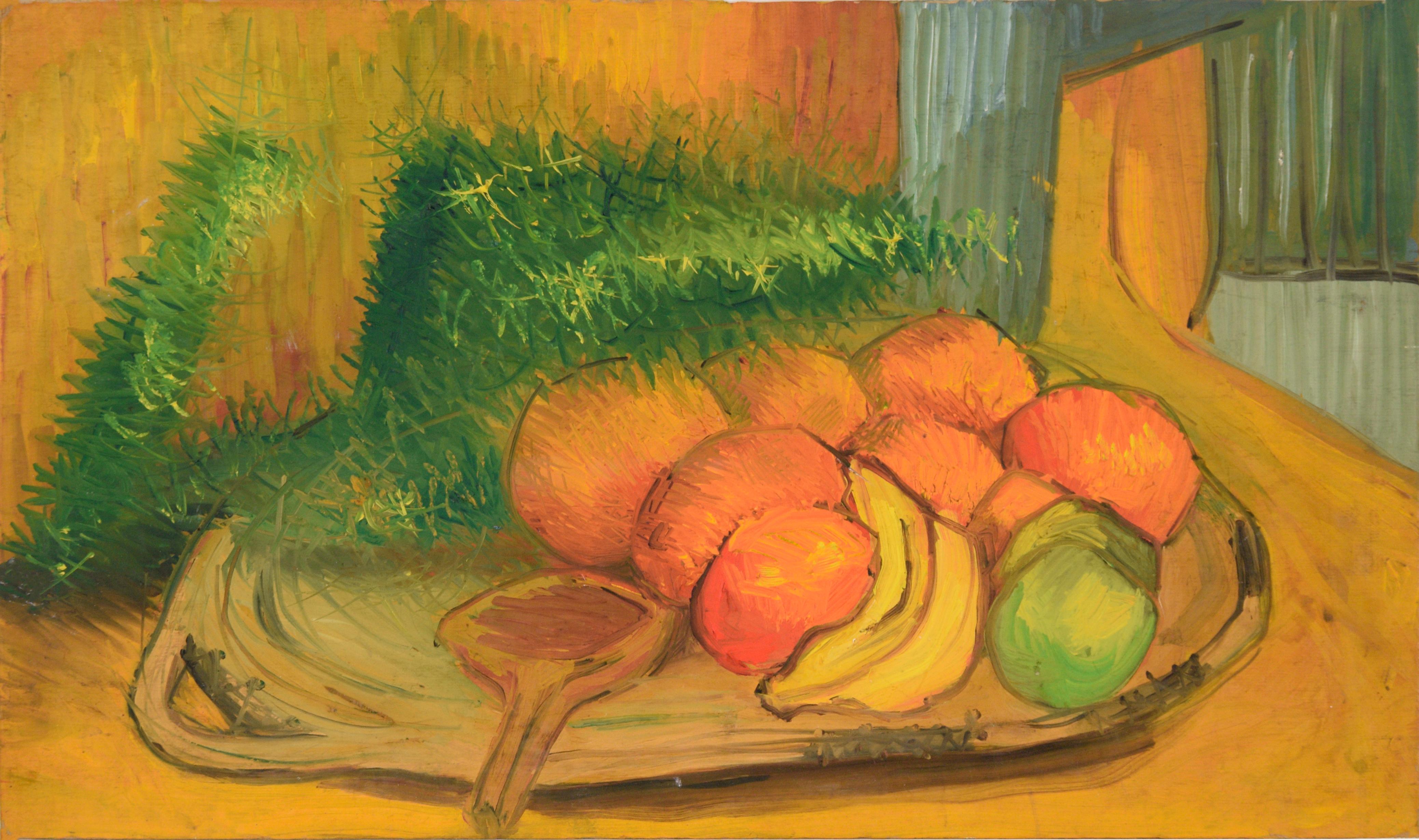 Unknown Still-Life Painting – Impressionistisches Stillleben mit Obst und Löffel im Herbststil