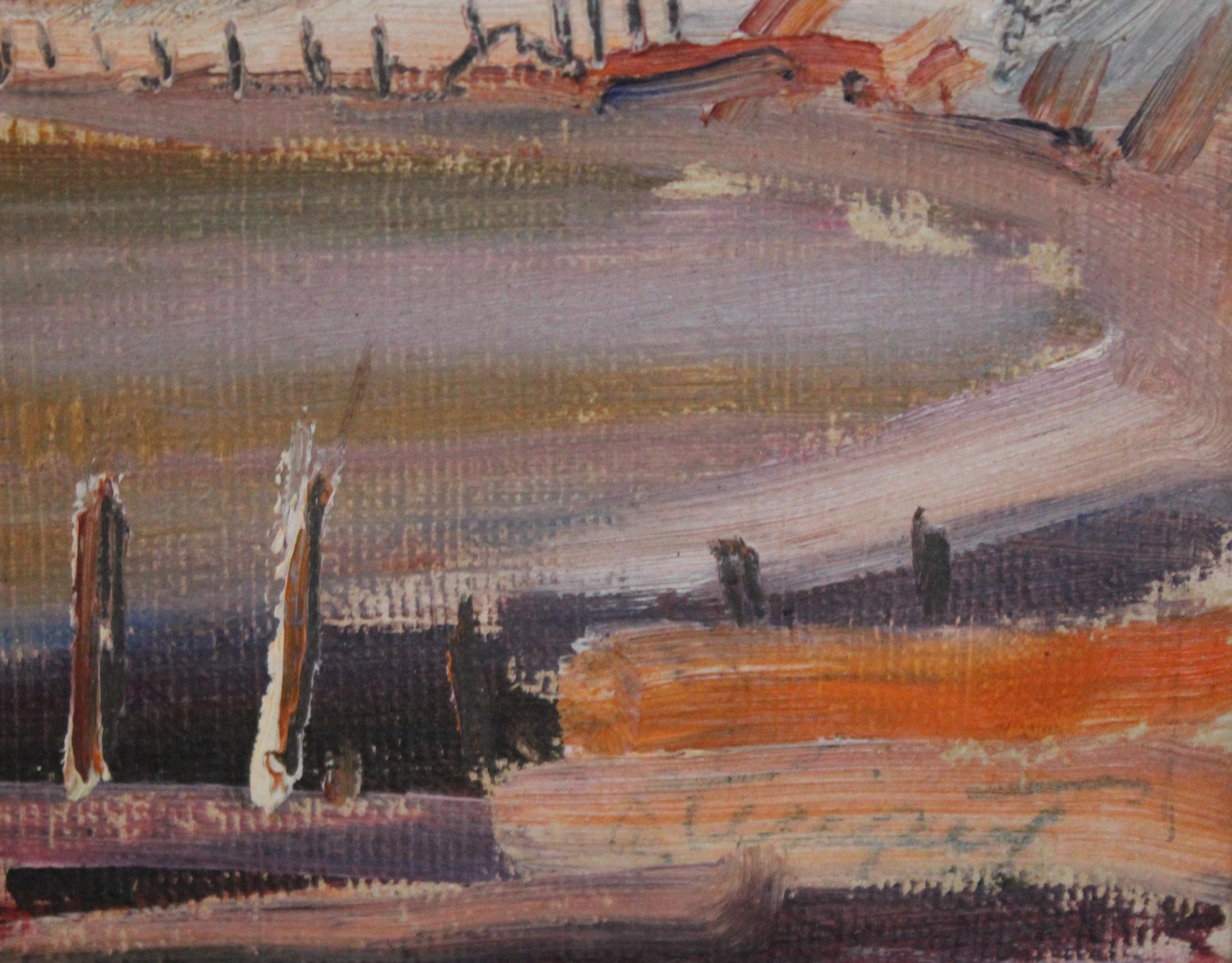 Paisaje fluvial veraniego impresionista con barcos - Abstract Painting Gris de Unknown
