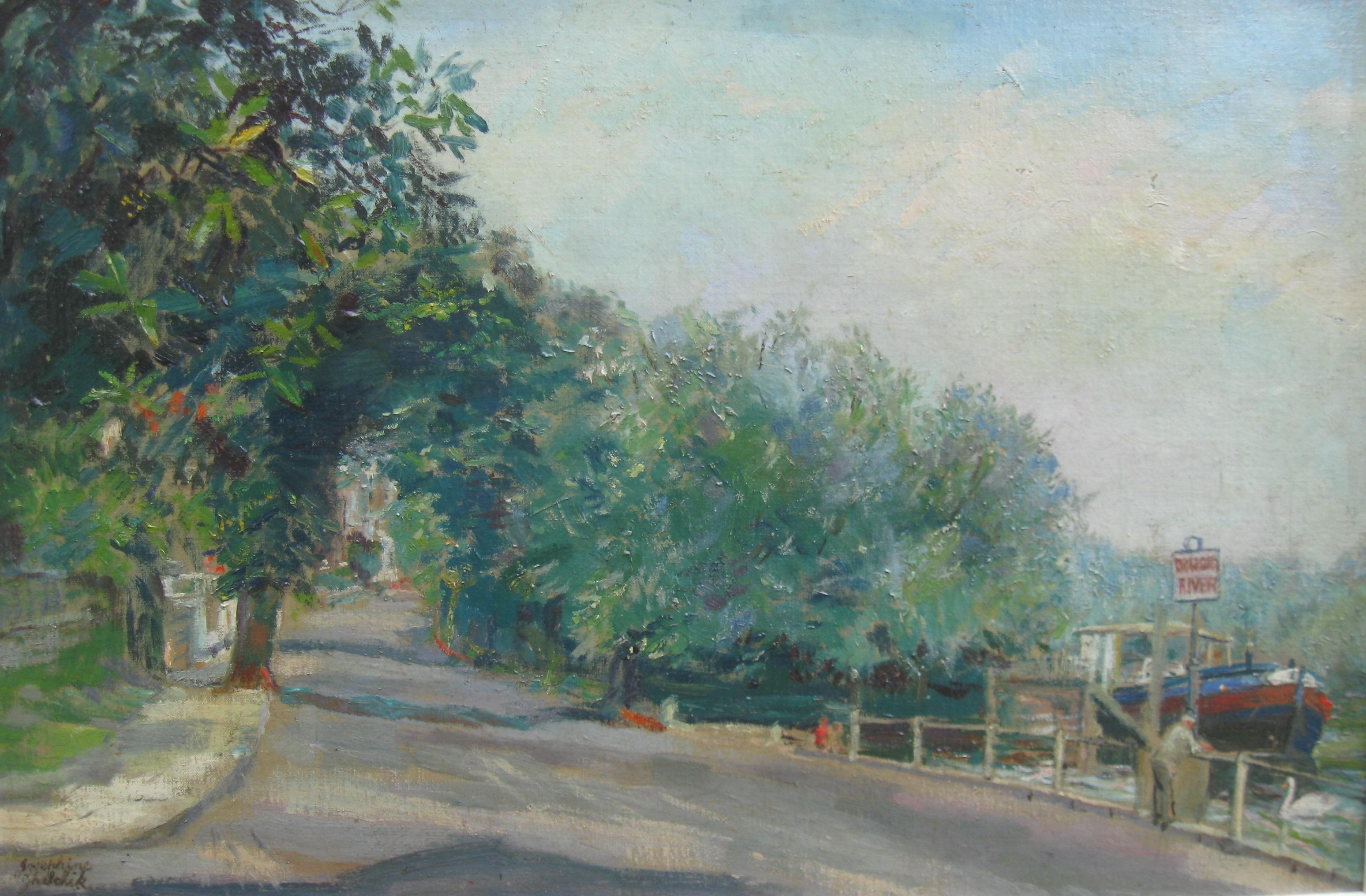 Impressionist: Sunny Day by The Thames, Öl ca. 1930er Jahre – Painting von Unknown