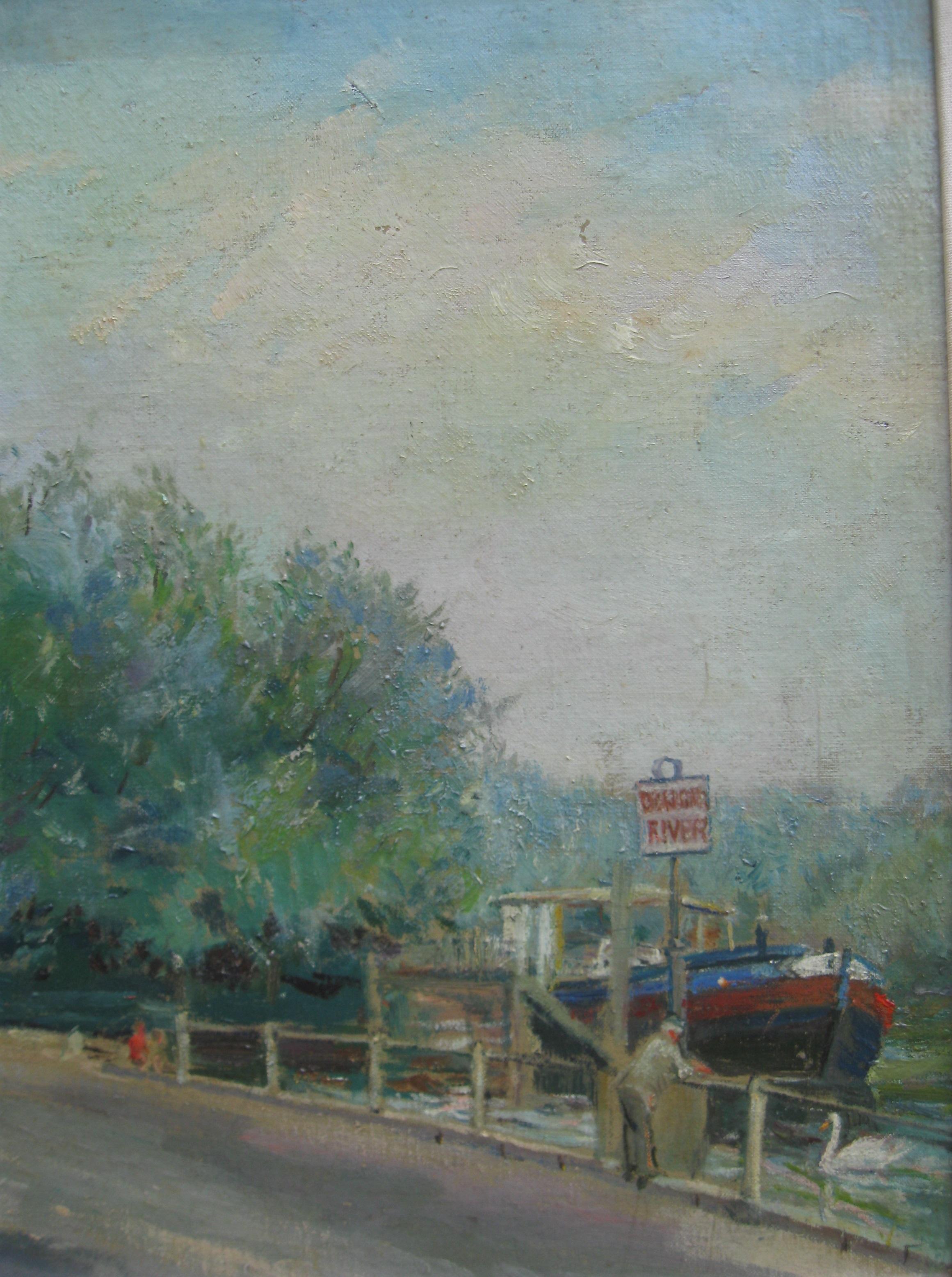 Impressionniste : Sunny Day by The Thames, huile, vers les années 1930 - Impressionnisme Painting par Unknown