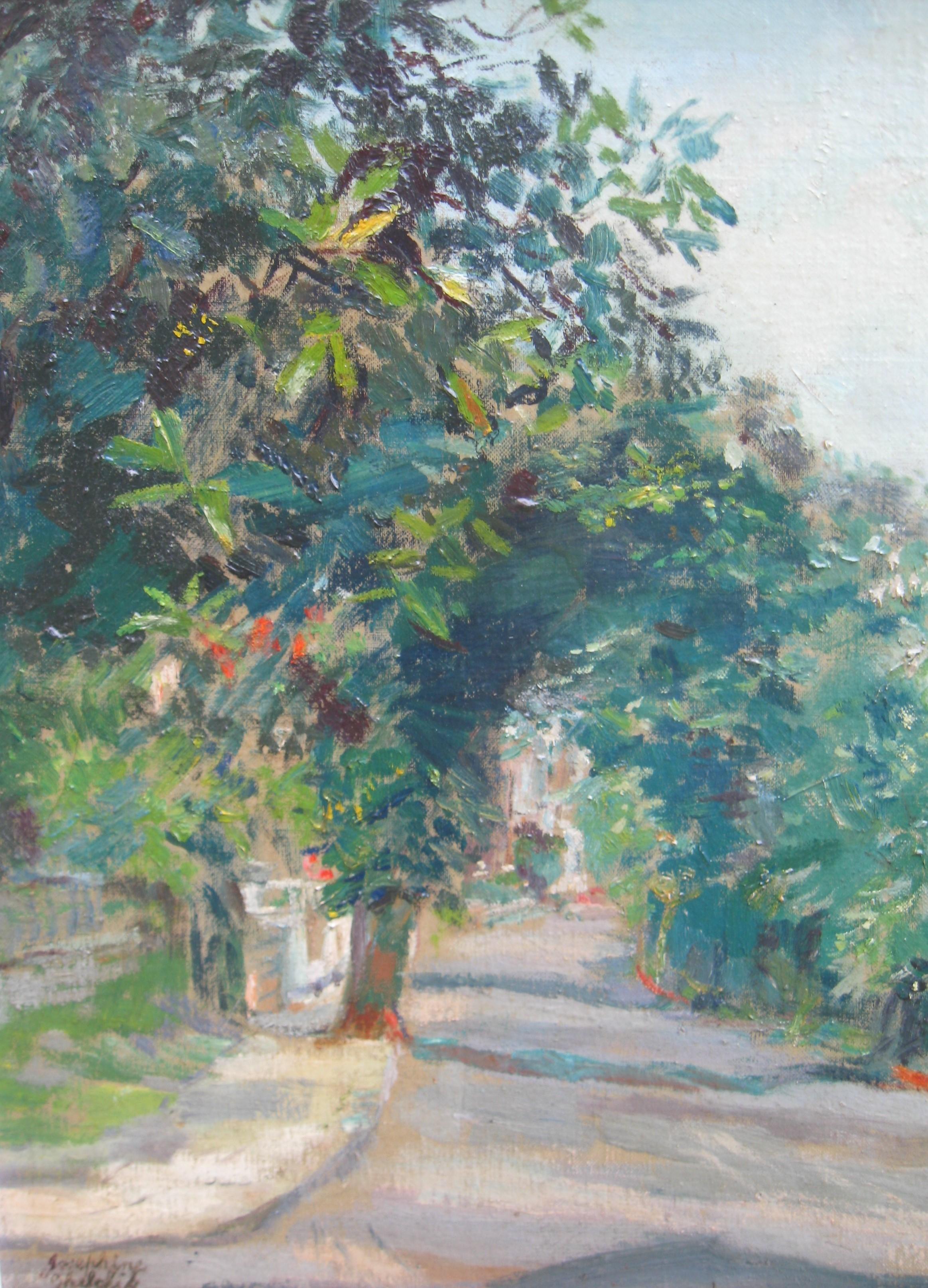 Impressionist: Sunny Day by The Thames, Öl ca. 1930er Jahre (Grau), Landscape Painting, von Unknown