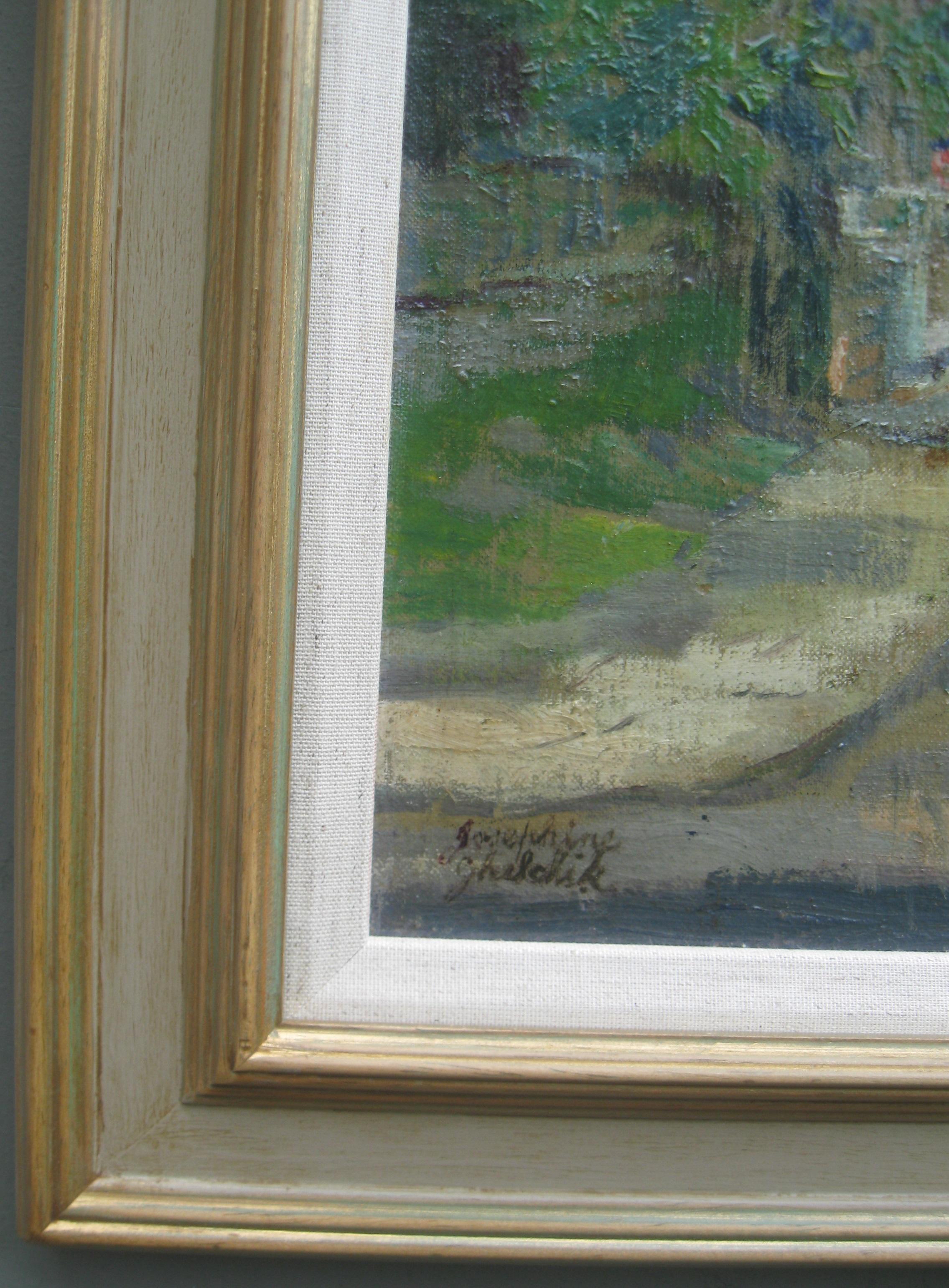 Ein feines impressionistisches Öl von Chiswick Mall, an der Themse, London, ca. 1930-40er Jahre, von der aufgeführten Künstlerin Josephine Matley Duddle  später Matley-Duddle Ghilchik (1890-1981)
öl auf Leinwand auf Karton aufgezogen 41cmx