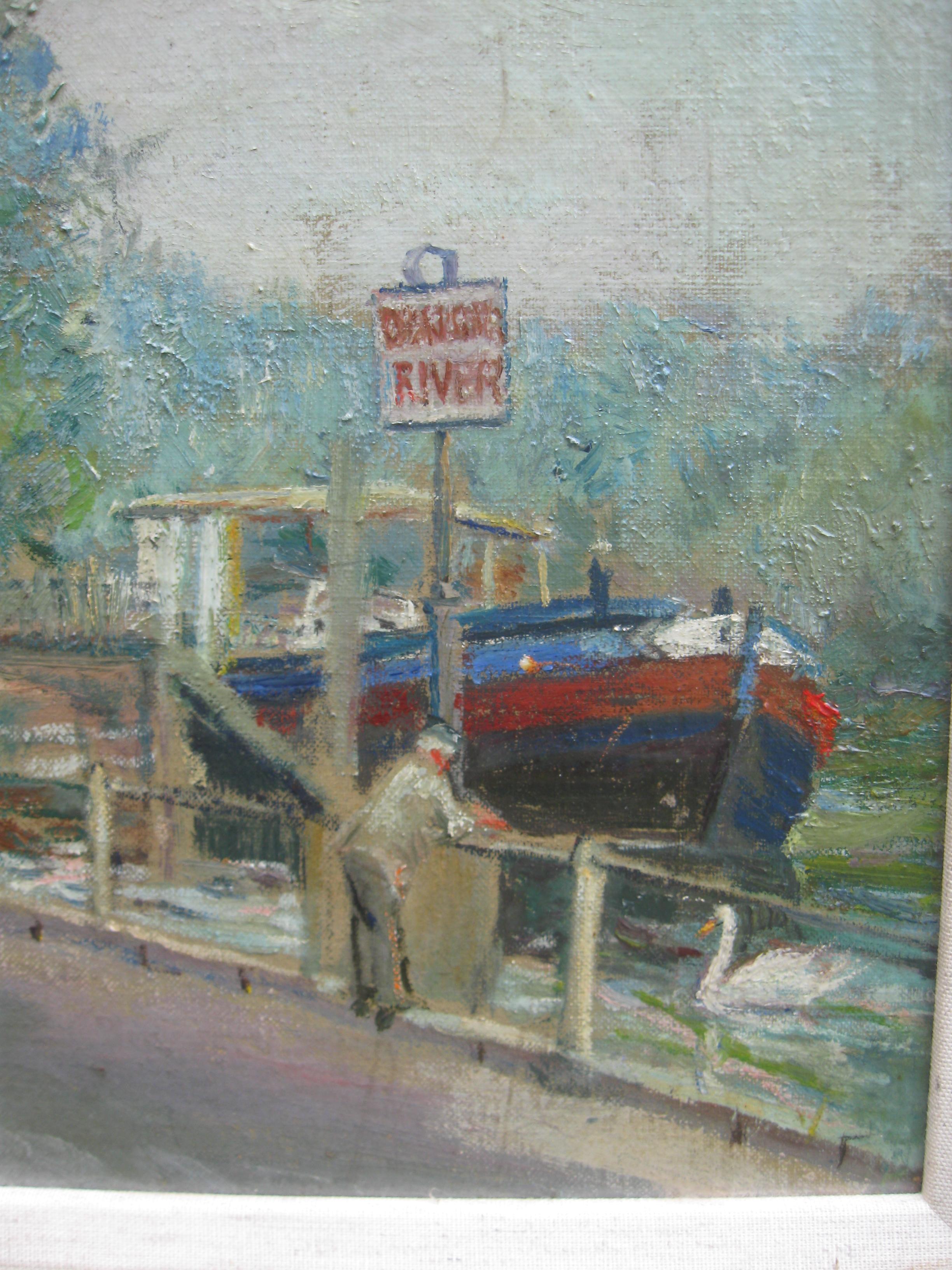 Impressionist: Sunny Day by The Thames, Öl ca. 1930er Jahre im Angebot 1