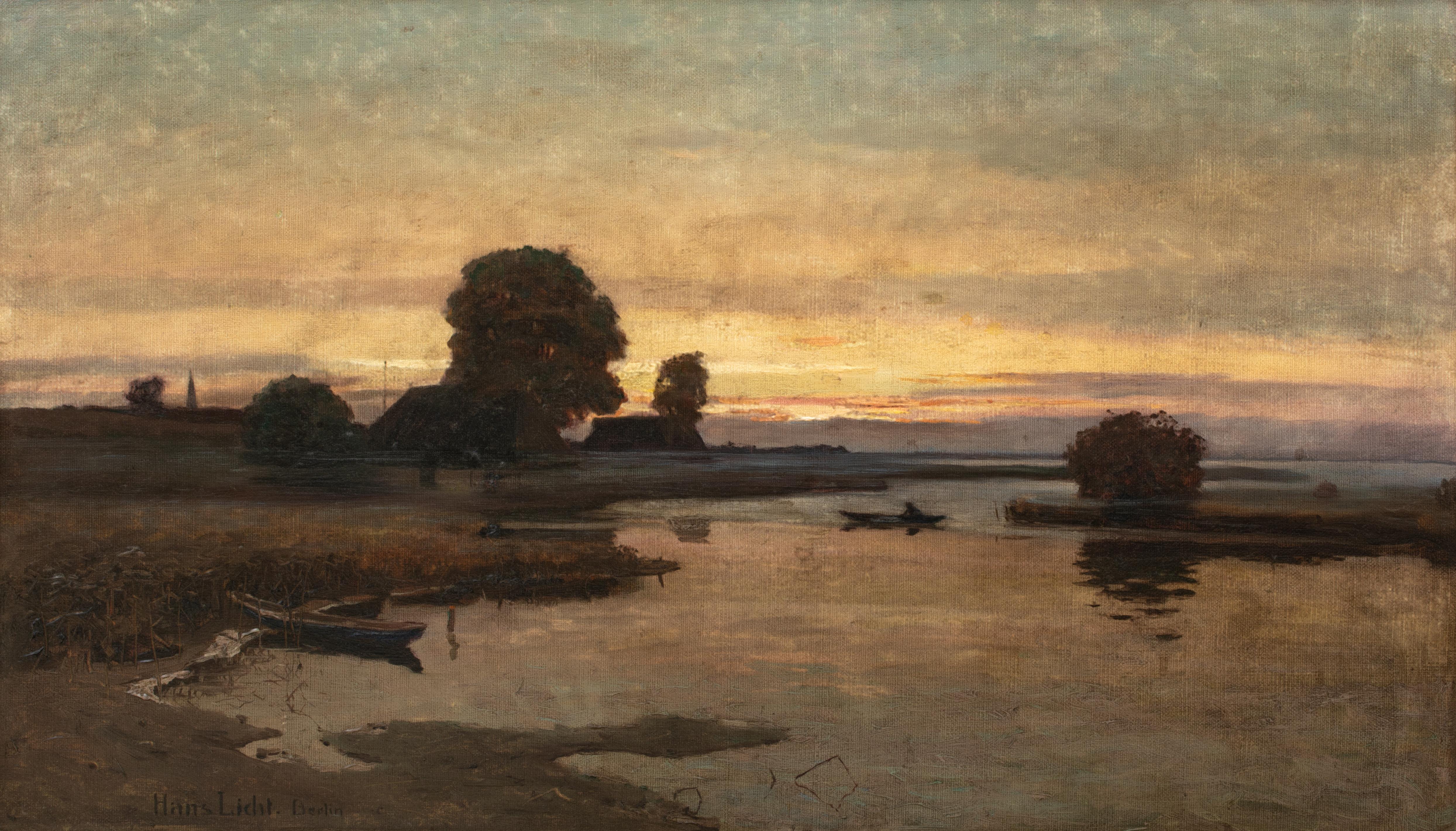 Paesaggio fluviale impressionista al tramonto, Berlino, XIX secolo

di Hans Licht (1876-1935)

Grande veduta impressionista tedesca del XIX secolo di un paesaggio fluviale al tramonto, olio su tela di Hans Licht. Qualità e condizioni eccellenti,