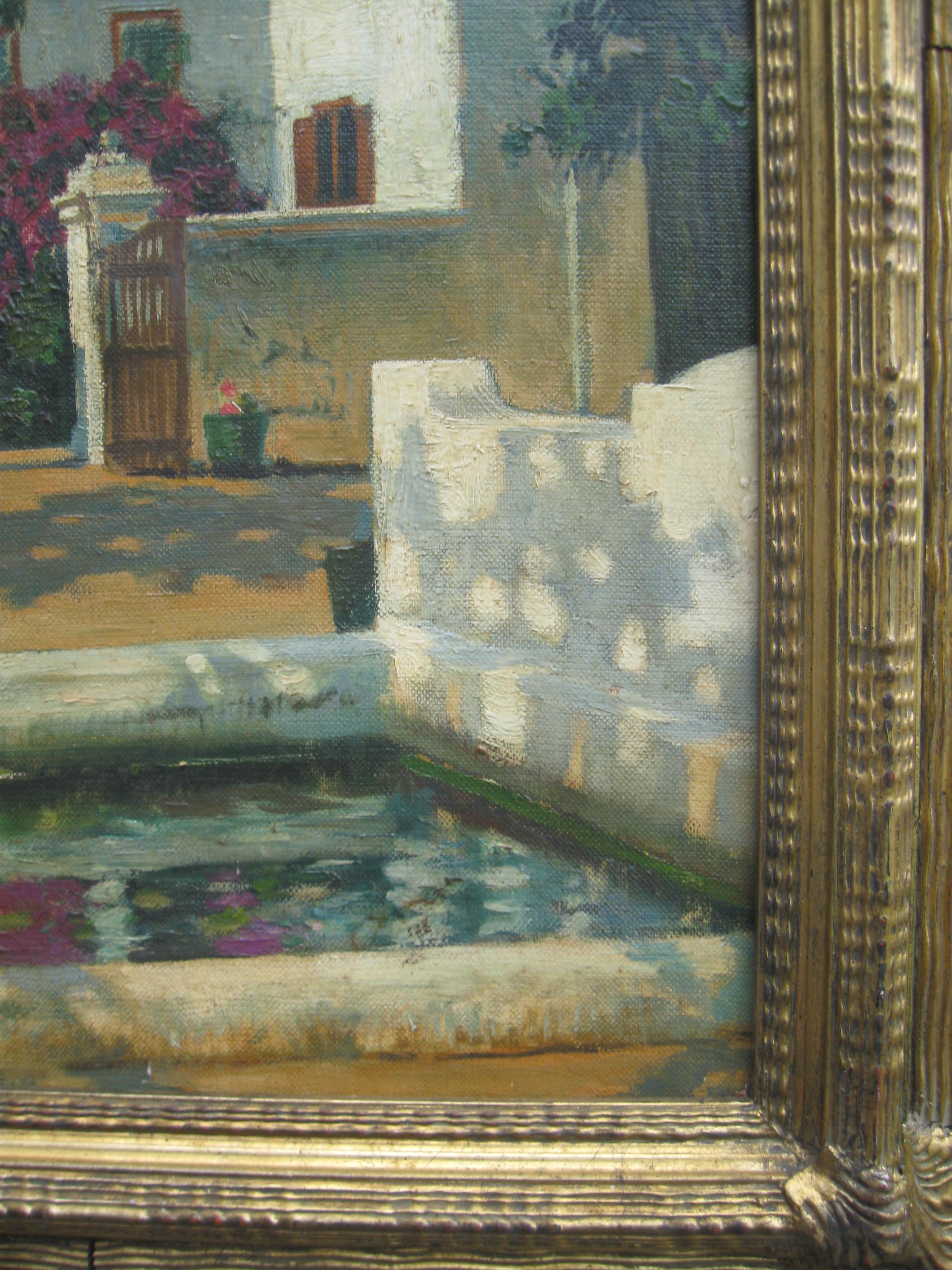 Huile sur toile impressionniste d'une vue d'un vignoble et d'un étang de poissons, vers 1951 en vente 5