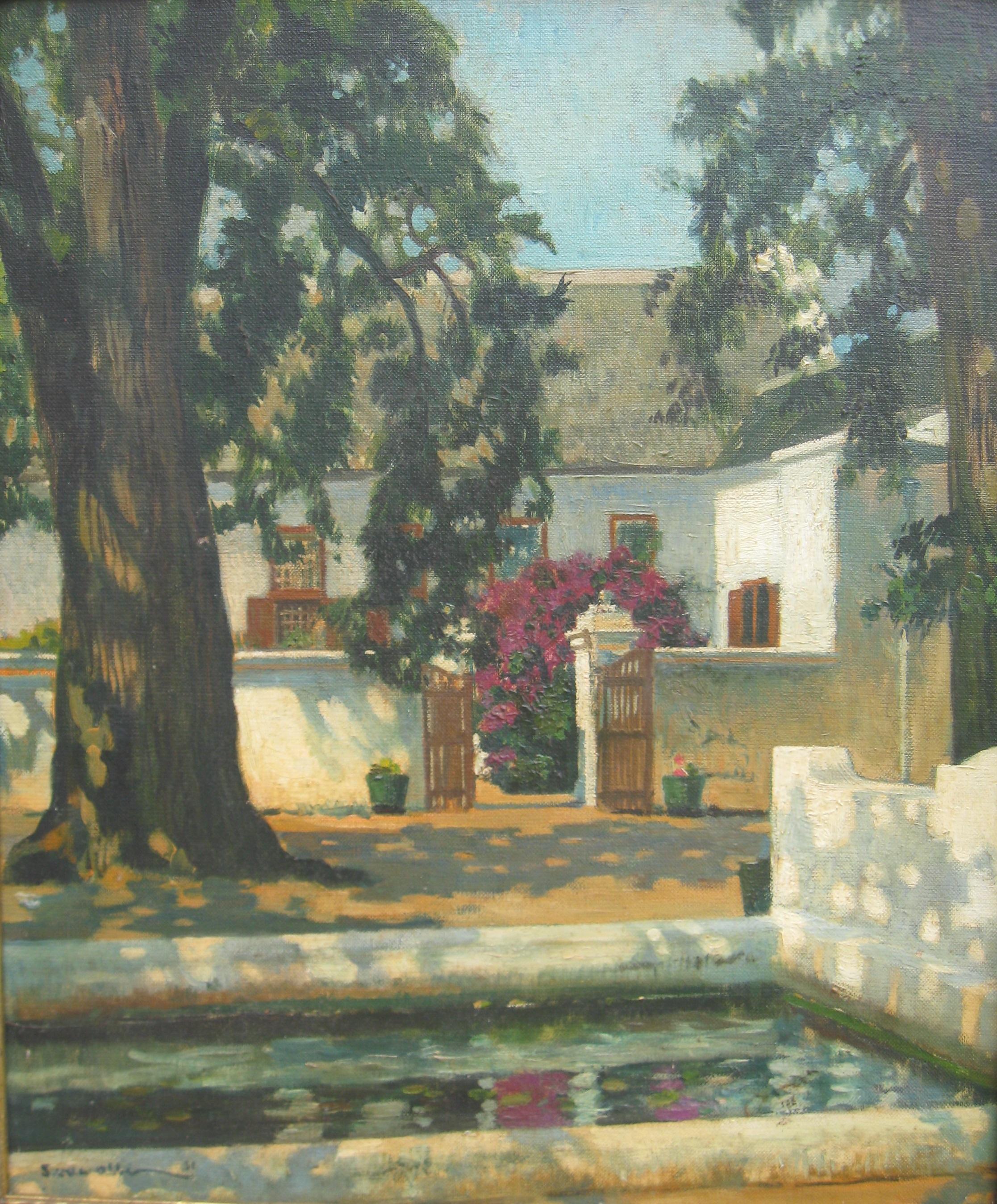 Huile sur toile impressionniste d'une vue d'un vignoble et d'un étang de poissons, vers 1951 - Painting de Unknown