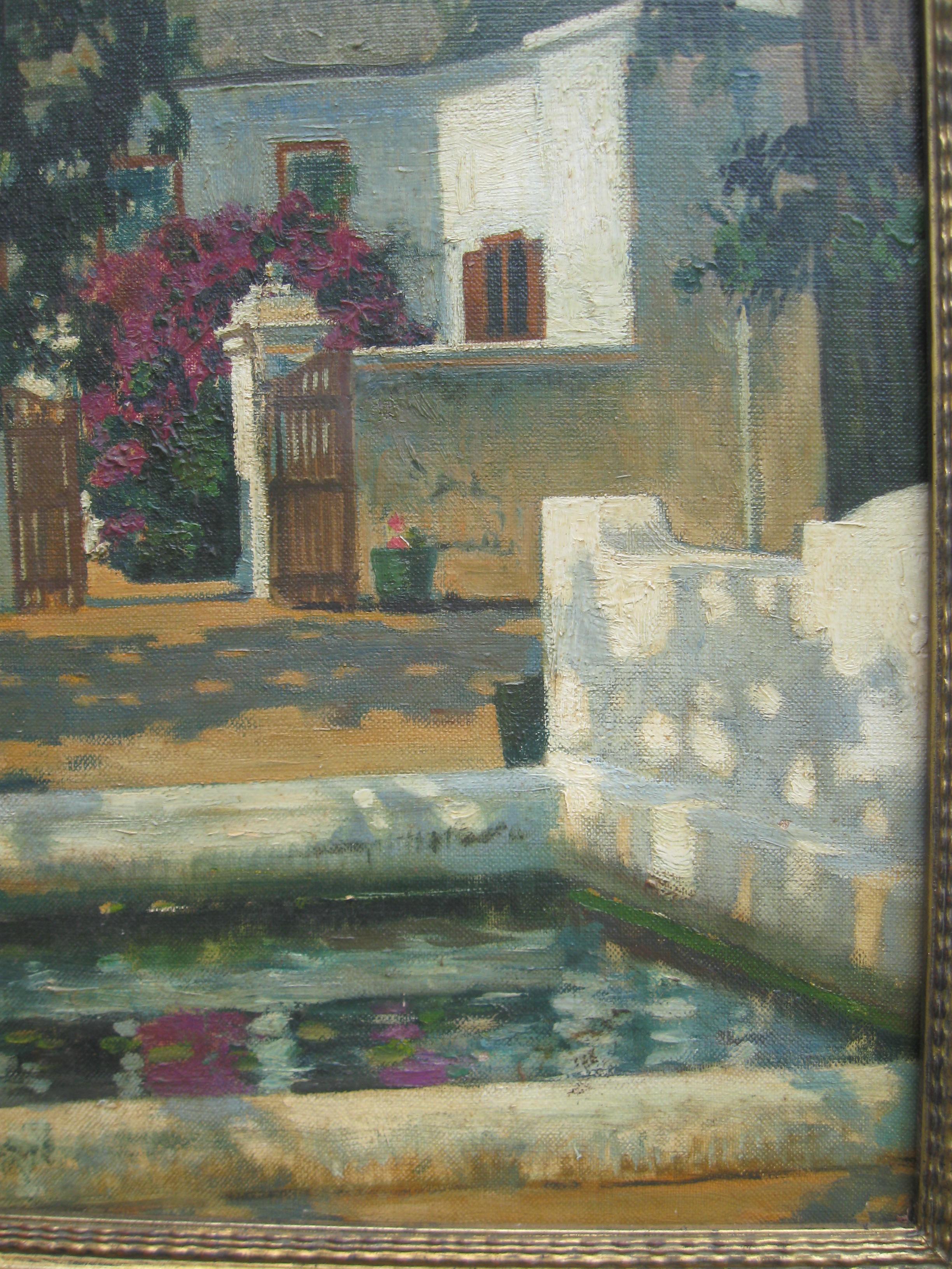Impressionistische Ansicht eines Vineyard and Fish Pond, Öl auf Leinwand, um 1951 (Braun), Landscape Painting, von Unknown