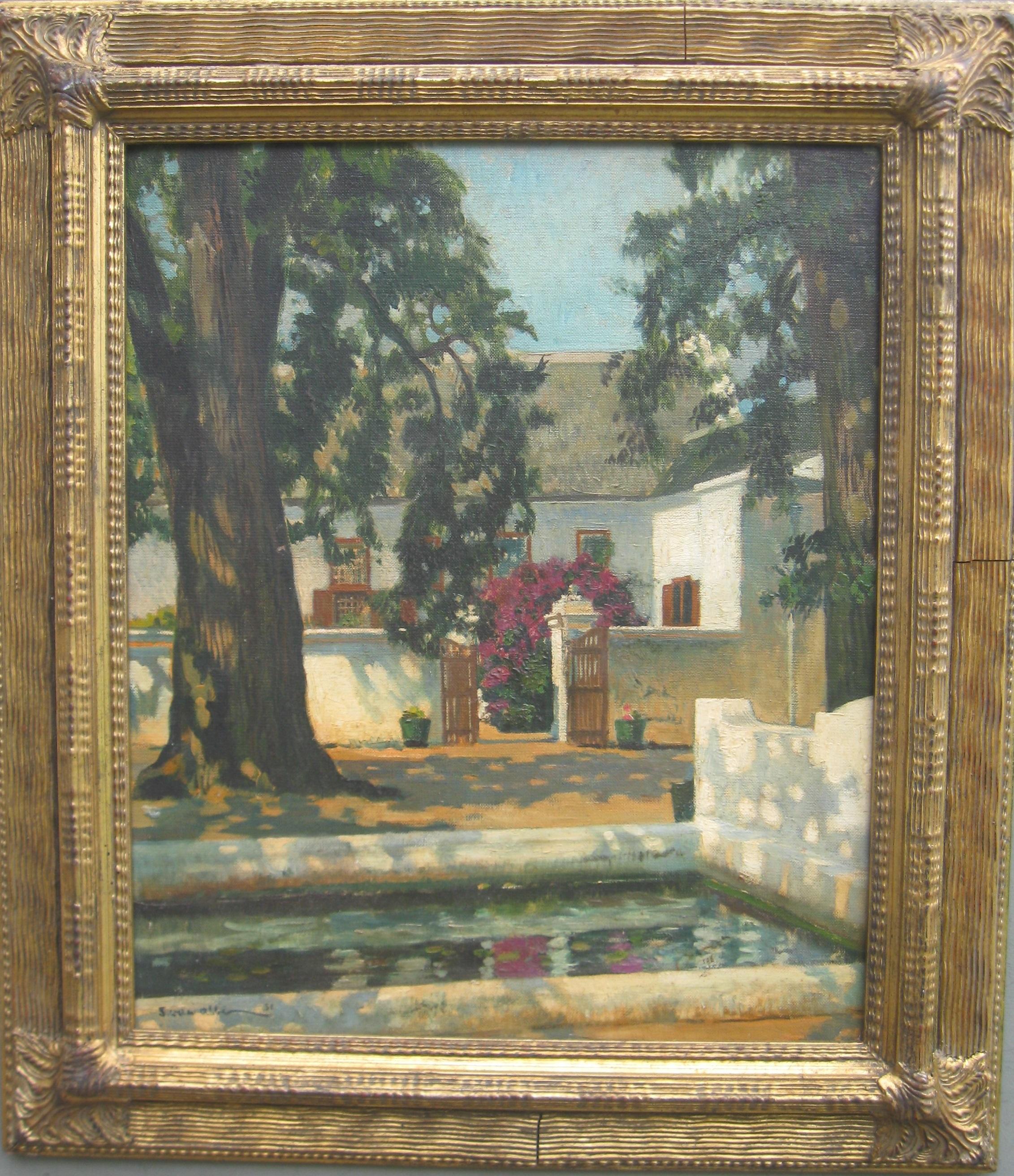 Vista impresionista de un viñedo y un estanque de peces óleo sobre lienzo circa 1951
