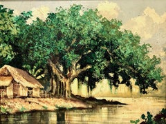 Paesaggio tropicale impressionista sul bordo dell'acqua con albero di Banyan