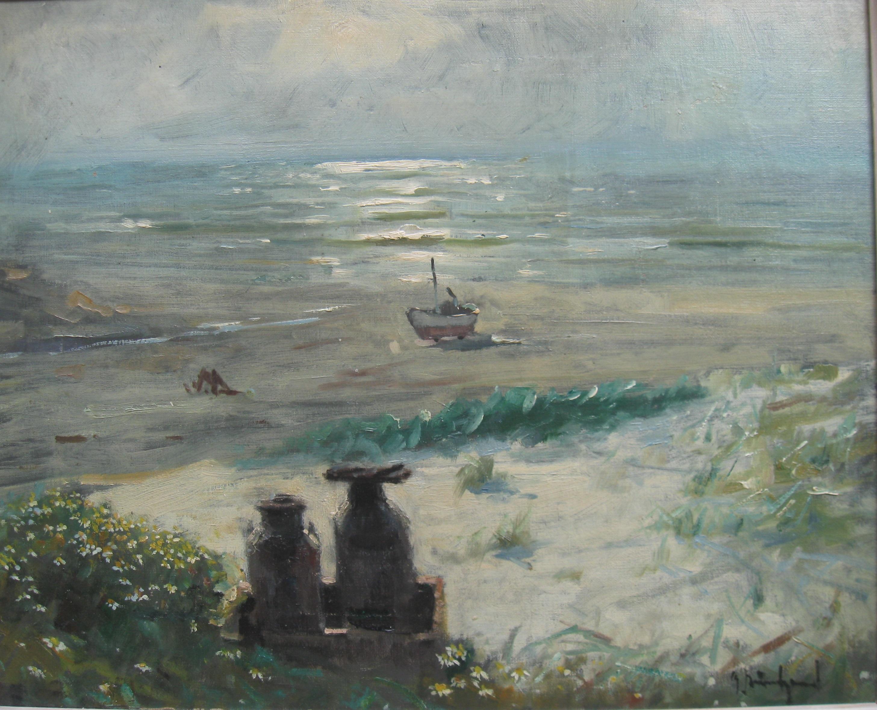 Impressionist: 'Young Friends by the Beach watching Fishermen' oil circa 1950's - Painting by Unknown