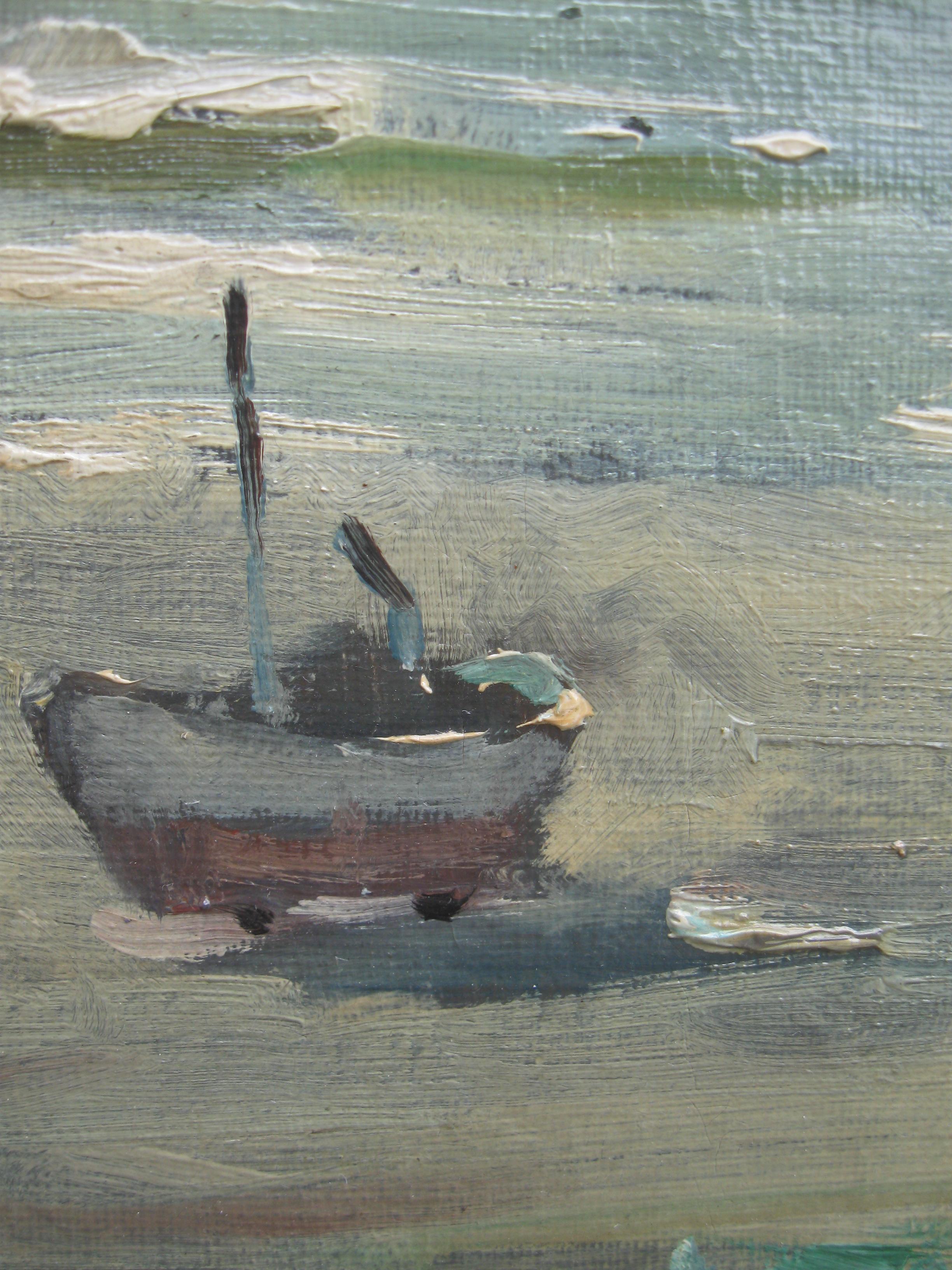 Impressionist: 'Young Friends by the Beach watching Fishermen' oil circa 1950's - Gray Landscape Painting by Unknown