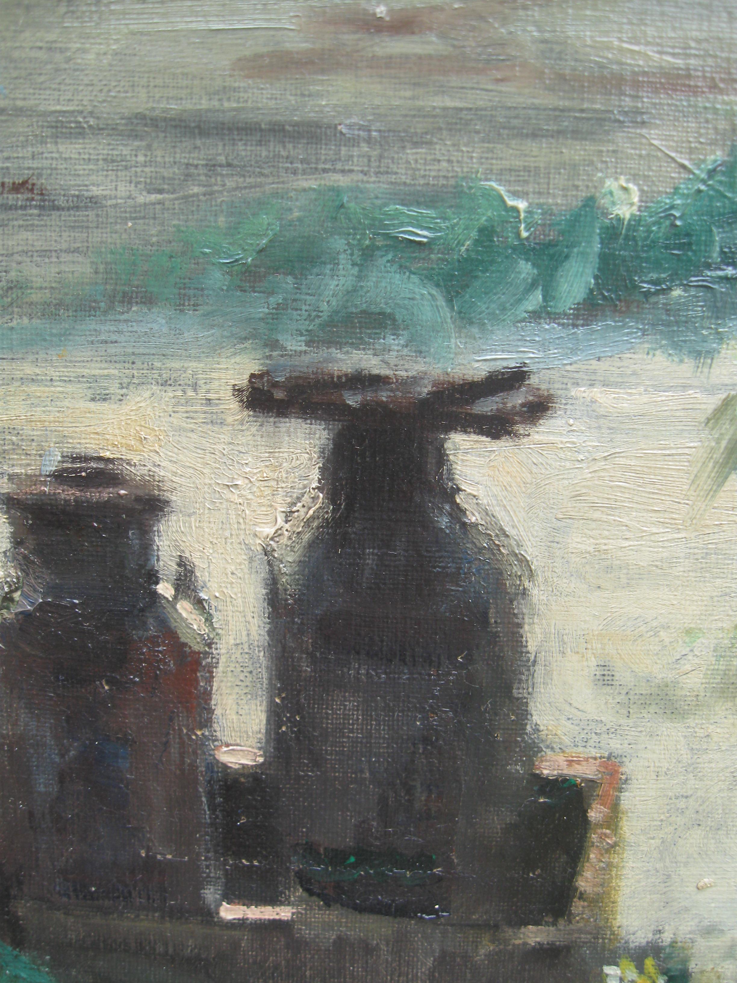 A fine Impressionist  oil, ' Young Friends by the Beach Watching Fishermen' circa 1950's.
oil on canvas 43cm x 53cm
Good quality gallery frame 52cmx62cm
Painted by Gunnar Bundgaard ( 1920-2005)
Signed lower right
Two young friends/ sisters watching