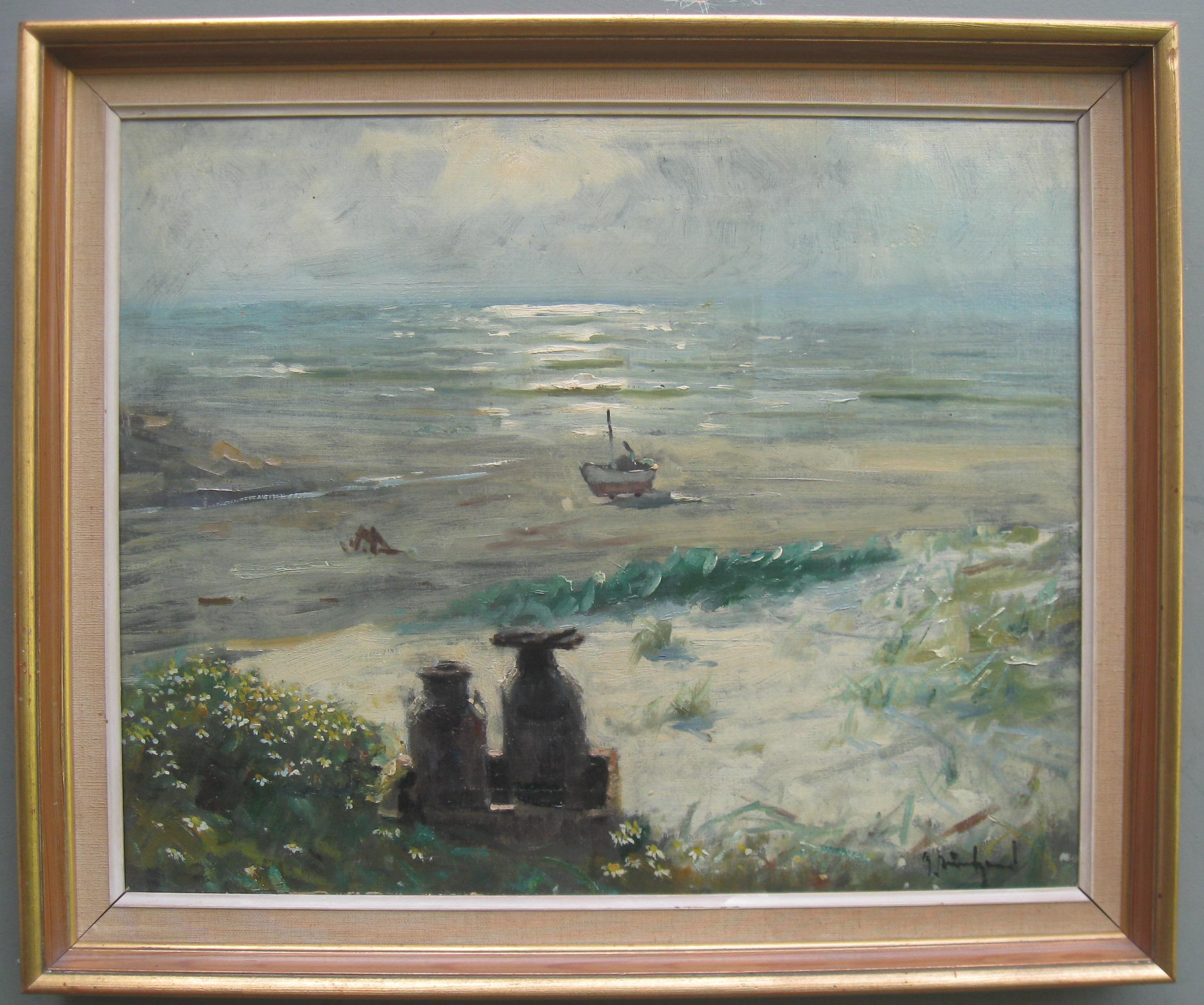 Impressionist: 'Young Friends by the Beach watching Fishermen' oil circa 1950's