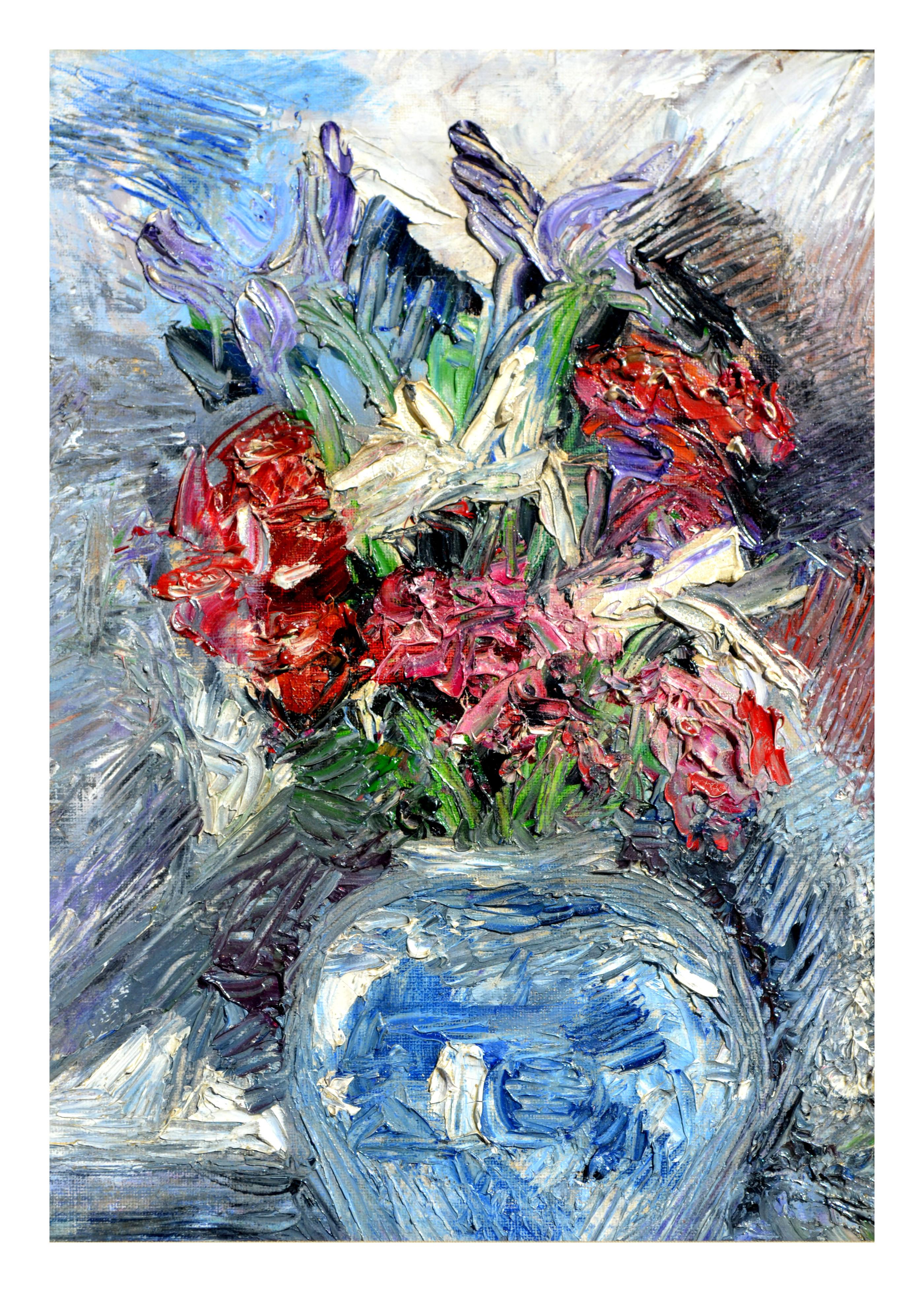 Impressionistic Blue Vase with Flowers - Painting by Unknown