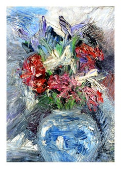 Impressionistic Blue Vase with Flowers