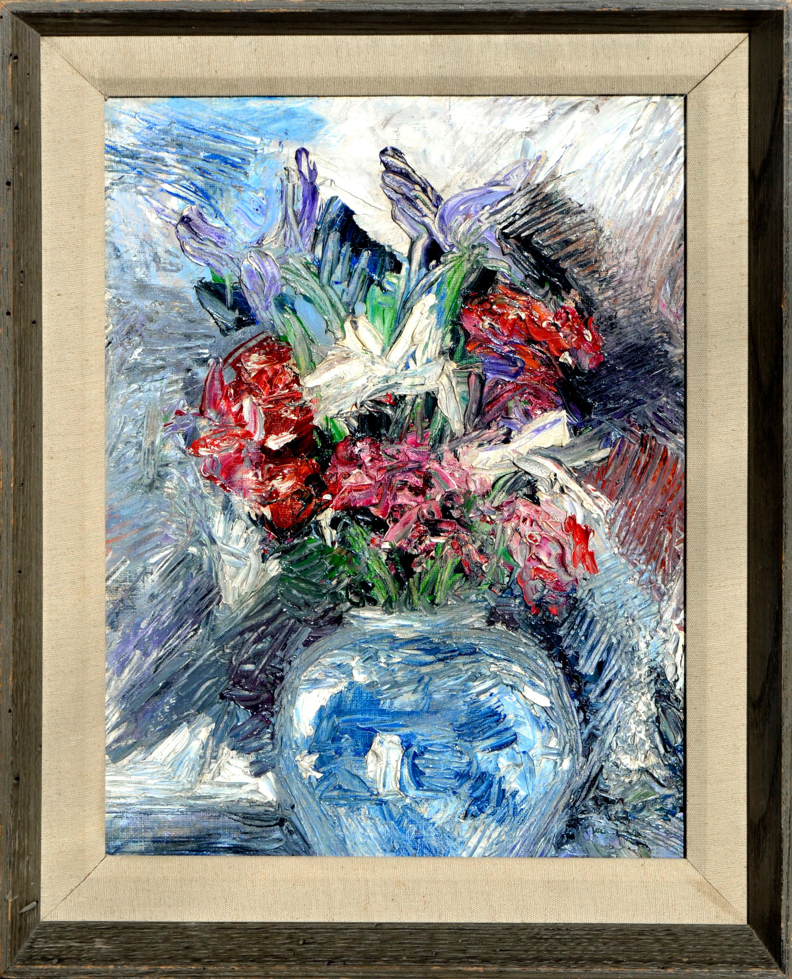 Impressionistic Blue Vase with Flowers