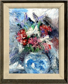 Retro Impressionistic Blue Vase with Flowers