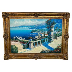 Impressionistic Coastal Town Print on Canvas Painting in Custom Gilt Wood Frame