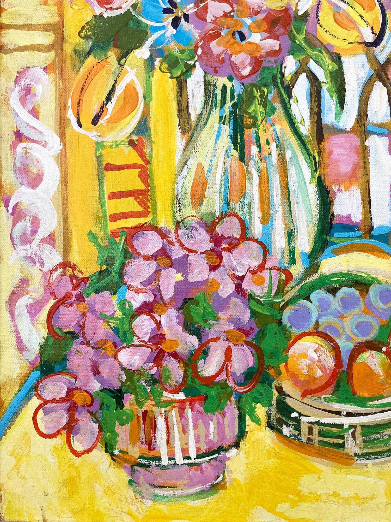 A stunning depictions of a European view of the beach with a floral still life at the center. The rich color tones of French yellow, luscious pink, rouge, veredian green and pops of white burst with energy and create an atmosphere of excitement. The