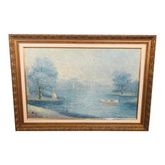 Impressionistic Lake Scene Oil on Canvas Painting Signed by Artist, Framed