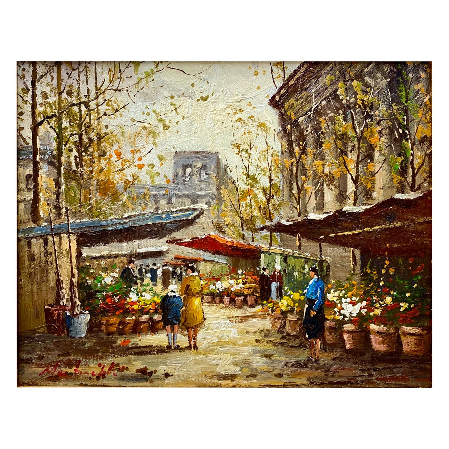 Impressionistic Oil on Canvas Painting of an Outdoor Market in the City, Signed  - Brown Landscape Painting by Unknown