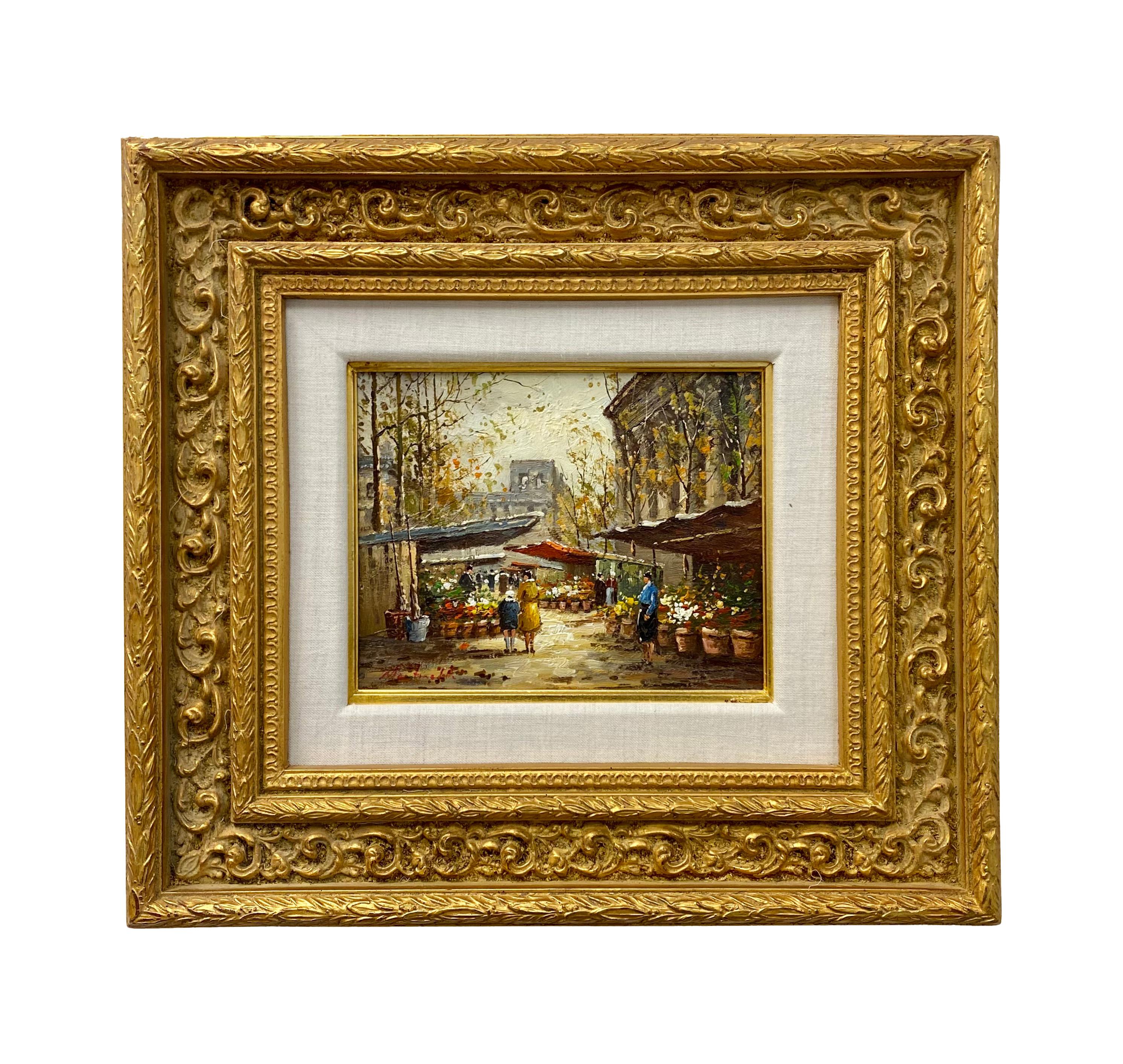 Unknown Landscape Painting - Impressionistic Oil on Canvas Painting of an Outdoor Market in the City, Signed 