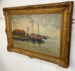 Impressionistic Oil on Canvas Painting of Boats Docking at a Dutch Town, Signed