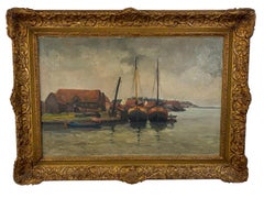 Impressionistic Oil on Canvas Painting of Boats Docking at a Dutch Town, Signed