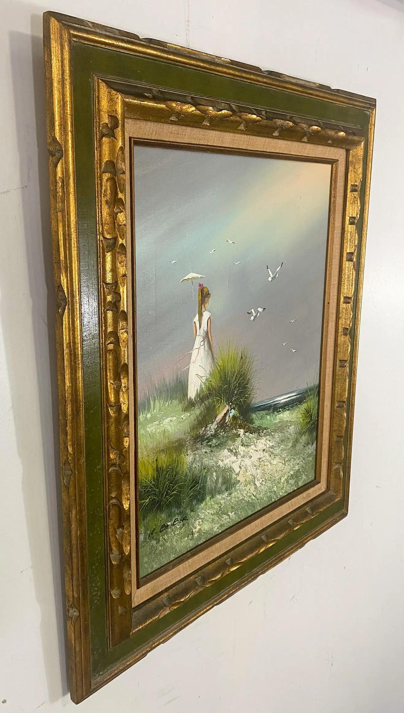 Impressionistic Seascape Oil on Canvas Painting of a Lady and Seagulls - Brown Landscape Painting by Unknown