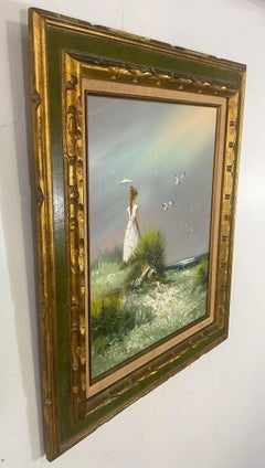 Peinture impressionniste à l'huile sur toile d'une femme et de mouettes
