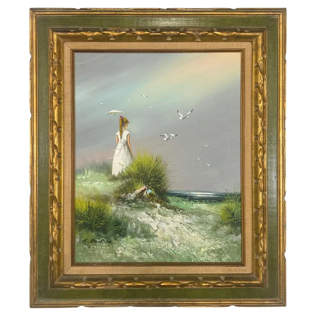 Unknown Landscape Painting - Impressionistic Seascape Oil on Canvas Painting of a Lady and Seagulls