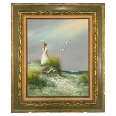 Retro Impressionistic Seascape Oil on Canvas Painting of a Lady and Seagulls