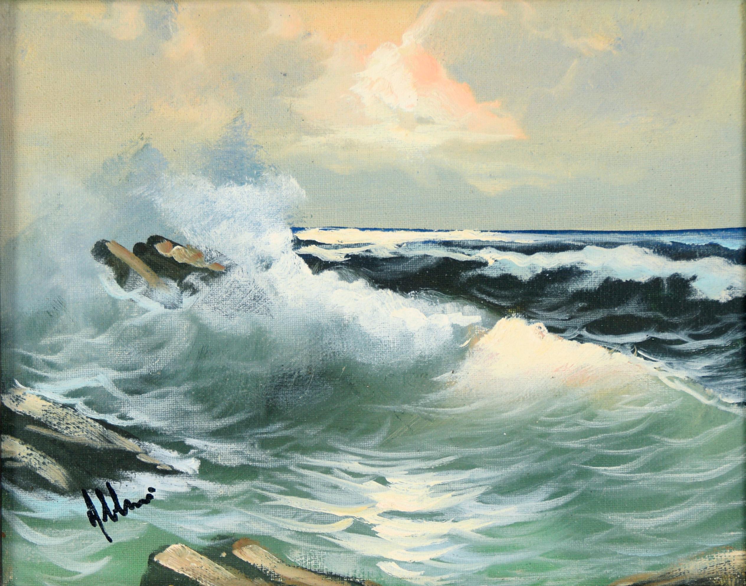 Paysage marin impressionniste avec des vagues sur des rochers - Painting de Unknown