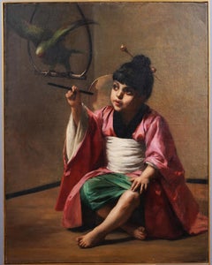 Impressionnante peinture à l'huile asiatique du 19e siècle représentant un jeune enfant et un perroquet